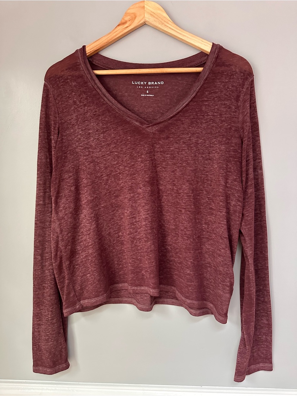 Lucky Brand Burgundy V-Neck Long Sleeve Tee, Size Small